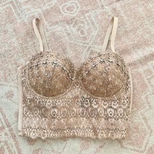 Nude Silver Sequin Bra See Through Corset Top